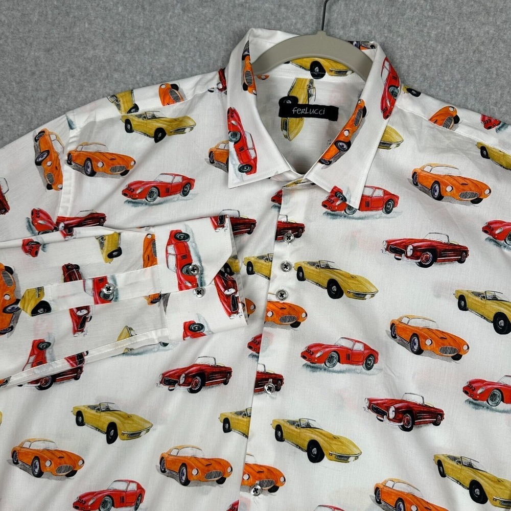 Ferlucci Shirt Mens XXL White AOP Classic Corvettes Dress Stretch‎ Button Up